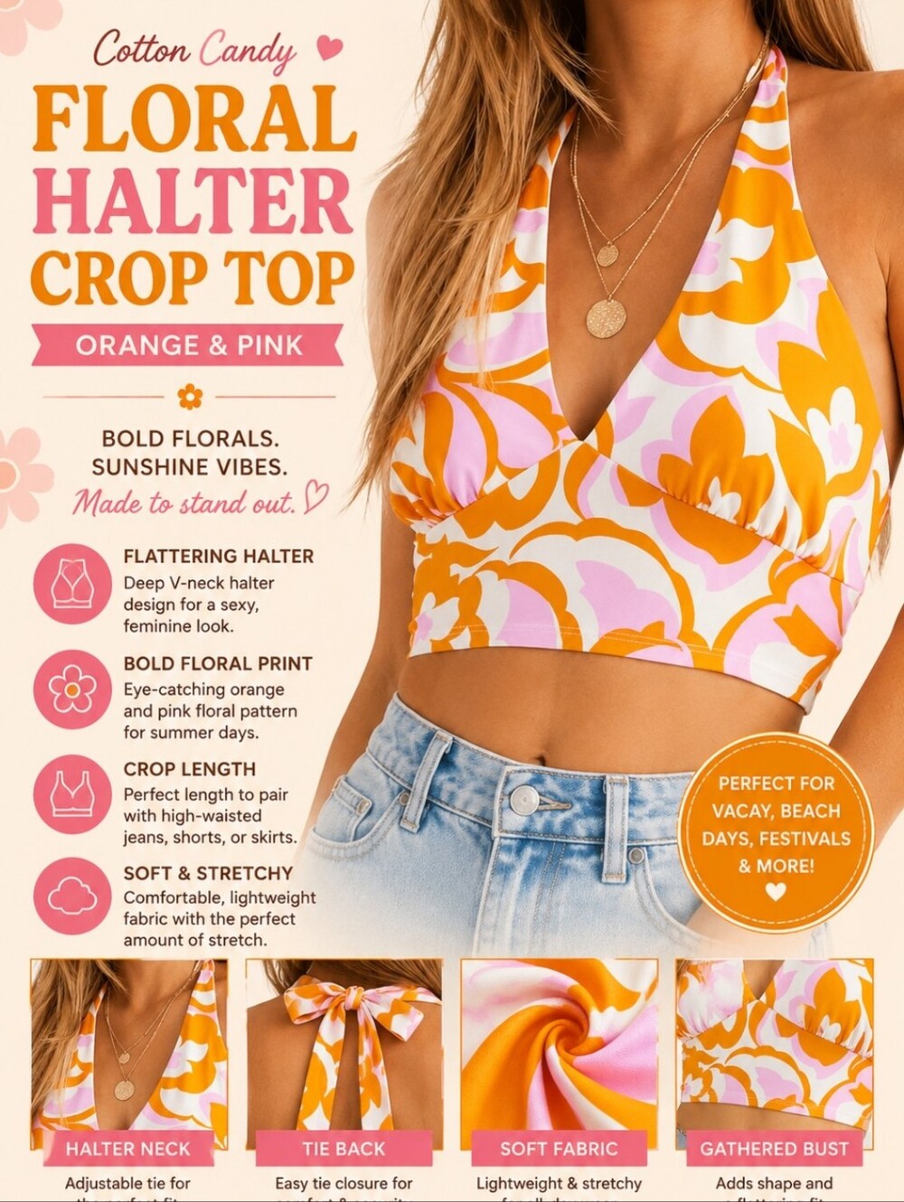 Cotton Candy Floral Halter Crop Top - Orange and Pink